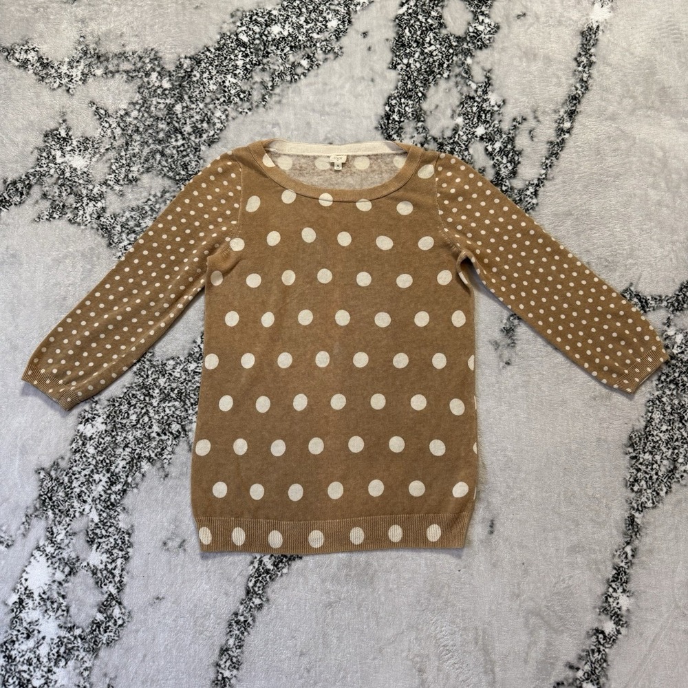J Crew Sweater Womens Size S 55% Linen Polka Dot Brown Gold 3/4 Sleeve